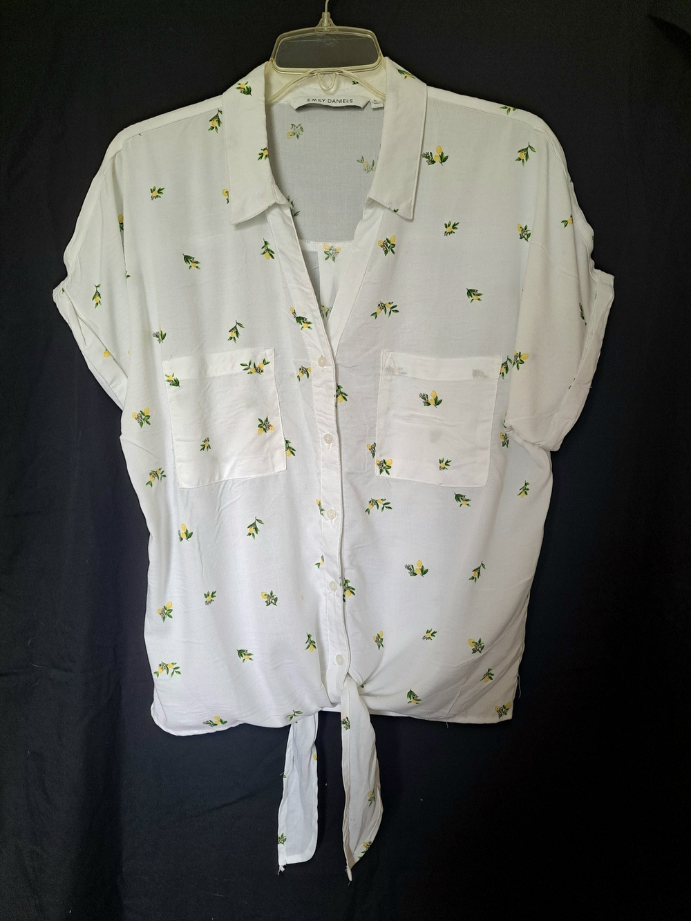 Lightweight White Floral Tie-Front Button-Down Shirt Rayon Women's Top